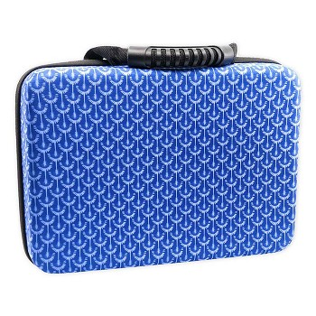 Blue patterned battery storage case with zipper closure and black trim