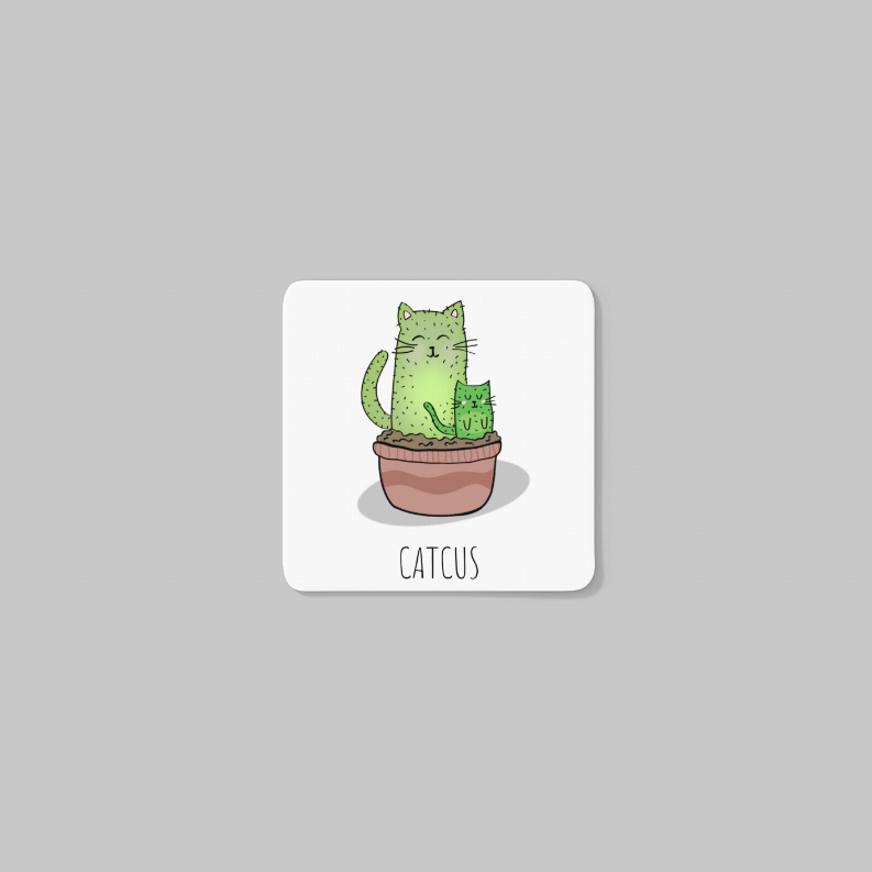 White rounded-square coaster featuring a green cactus cat illustration and “CATCUS”