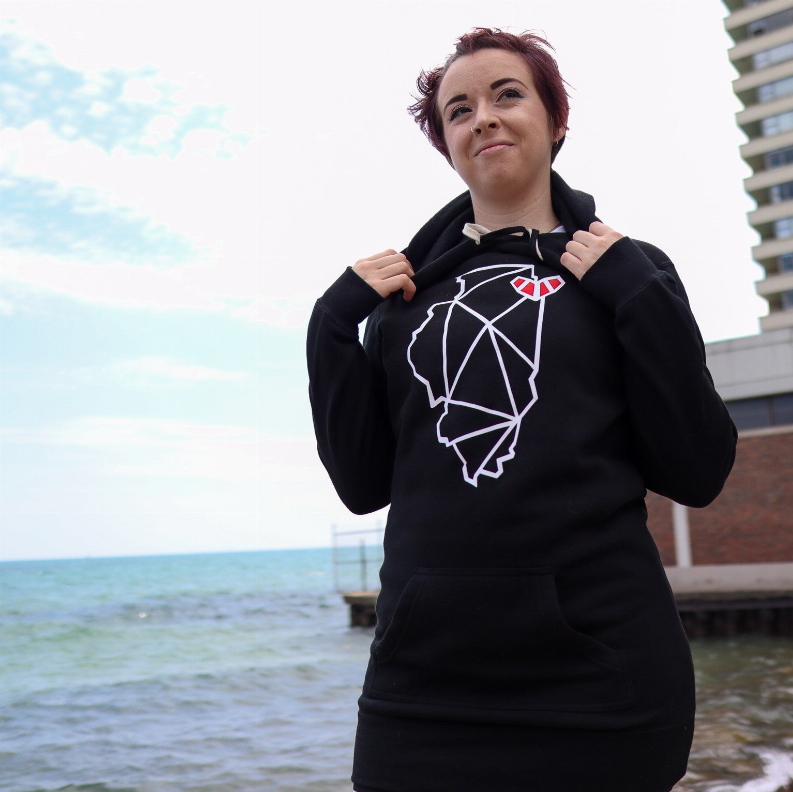 Black hooded pullover dress with front graphic map, drawstring hood and kangaroo pocket