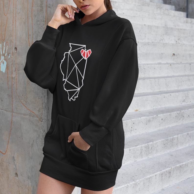 Black hooded pullover dress with front graphic map and kangaroo pocket, long sleeves