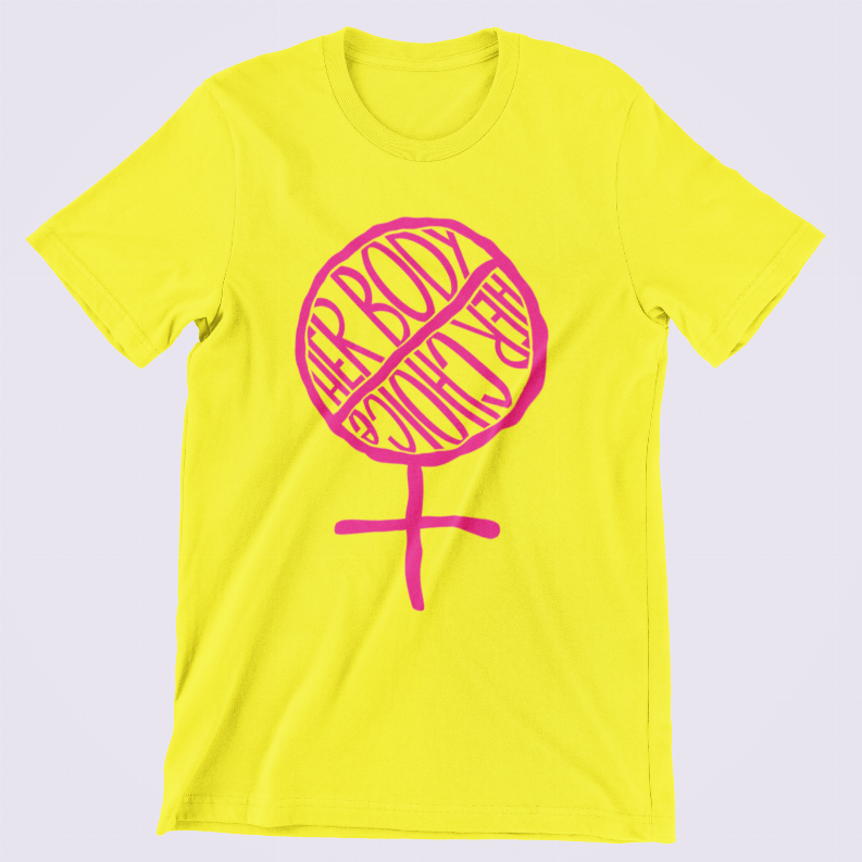 Yellow crew-neck T-shirt with pink round graphic and female symbol front