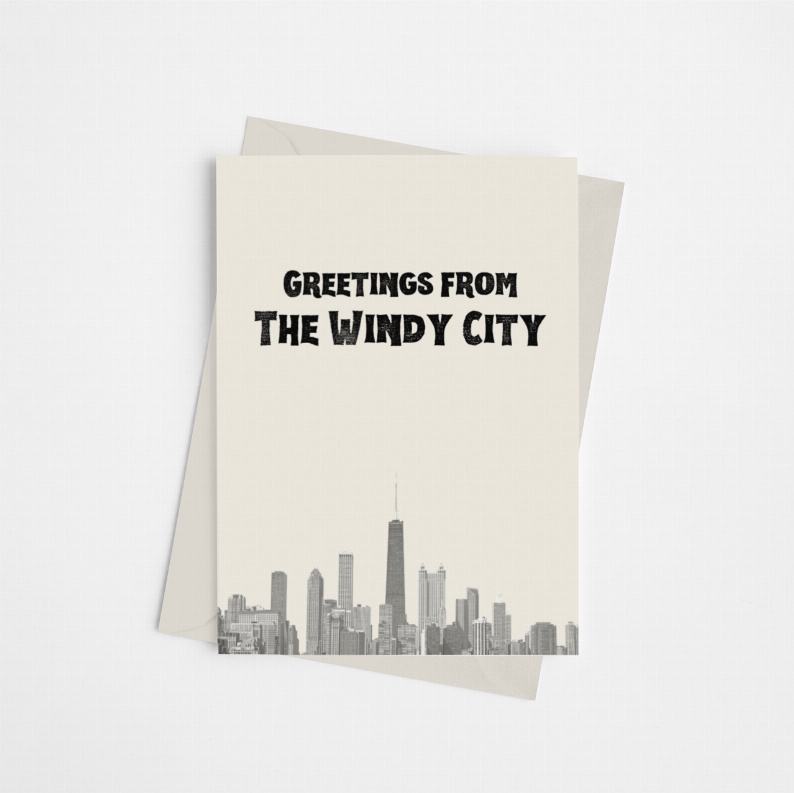 Greeting card stack with Greetings from the Windy City cover text and skyline graphic