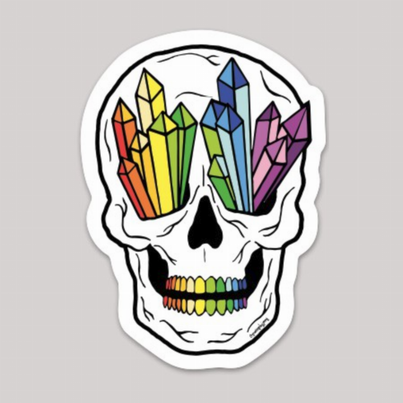 Rainbow crystal skull sticker front view with multicolored crystal horns and teeth
