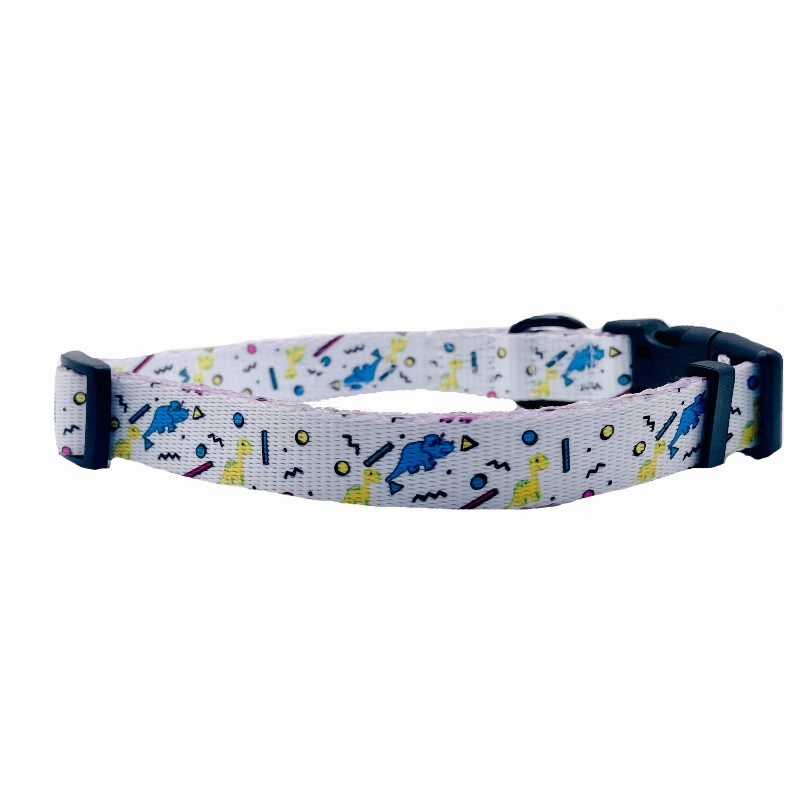 Dog collar side view, light gray with colorful dinosaur-themed print and black clasp