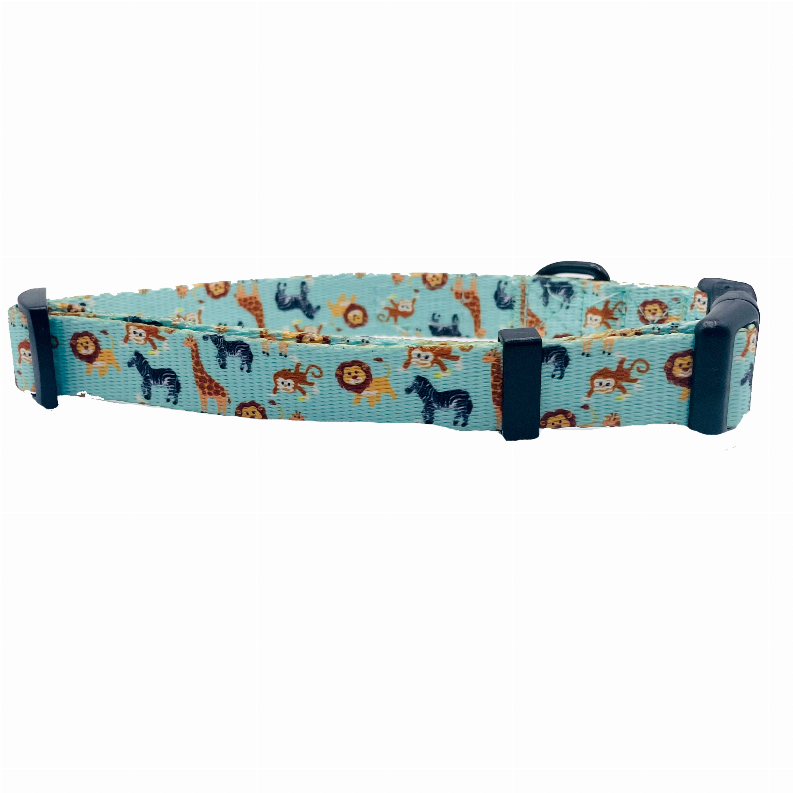 Teal dog collar with navy buckle and jungle animal pattern
