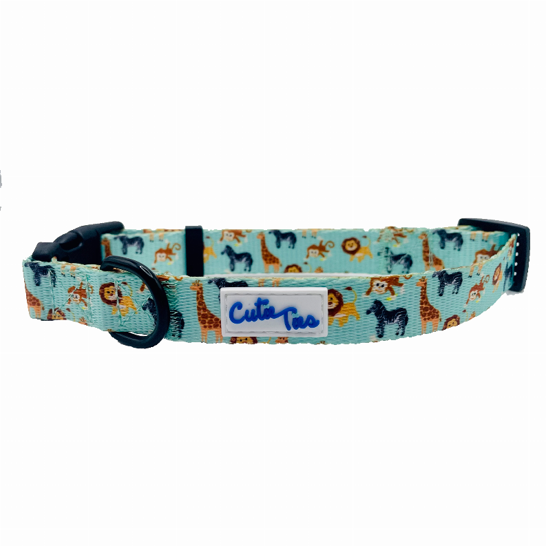 Teal dog collar with navy D-ring and jungle animal print