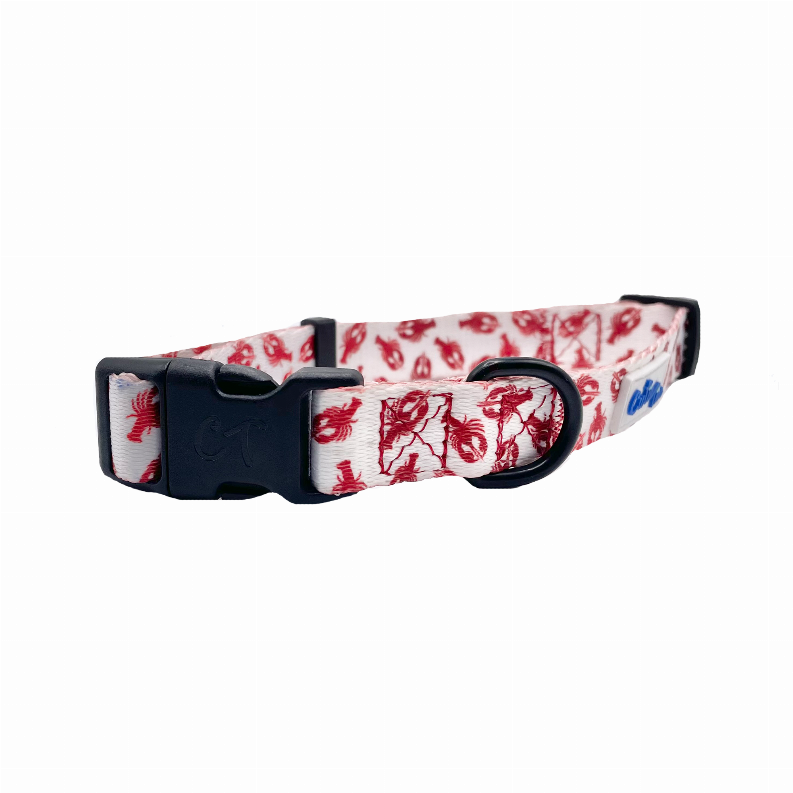 Red lobster-print dog collar with black buckle and D-ring detail