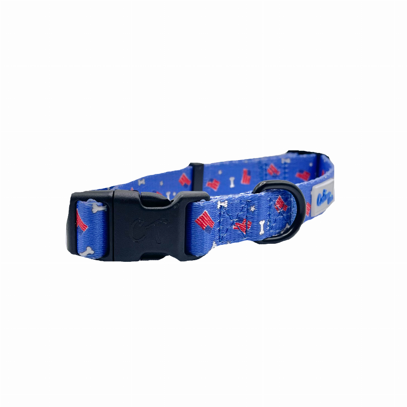 Blue dog collar with patriotic red-and-white pattern, black buckle and strap keeper
