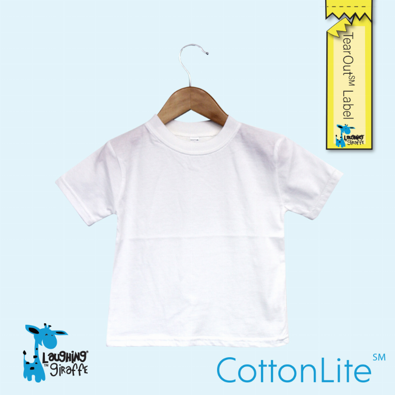 Baby white crew neck short-sleeve t-shirt with EZ tear-out label, front view on hanger