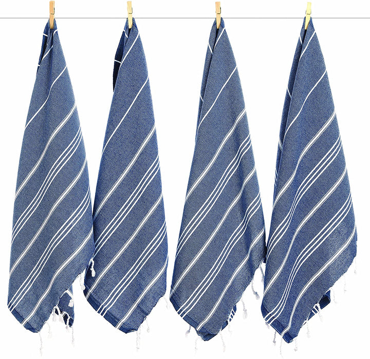 Blue striped hand towel set hanging with clips; white stripes and tassel fringe