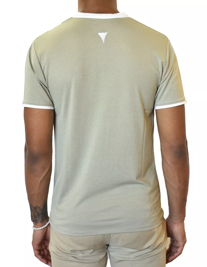 Short-sleeve notch-collar shirt back view in light olive green