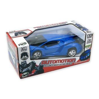 Retail packaging for blue shape-shifting robot RC car, clear window on box