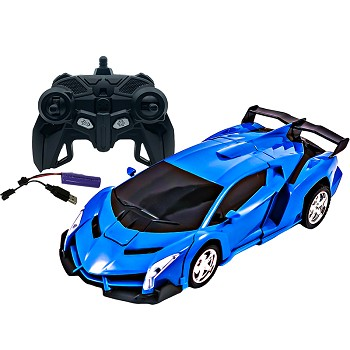 Blue shape-shifting robot RC car with black remote controller set