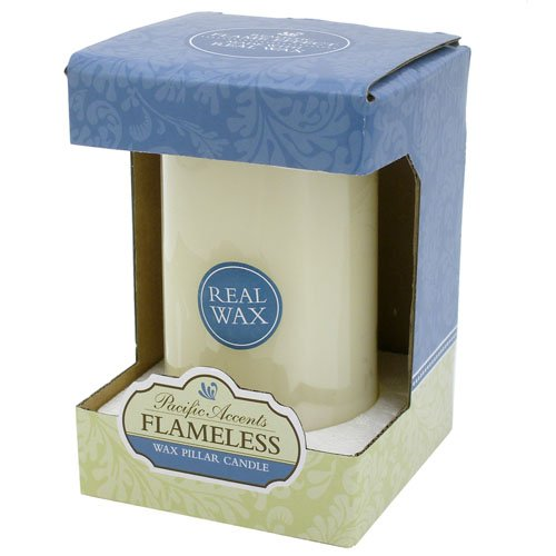 Ivory flameless wax pillar candle in box, Real Wax Flameless label
