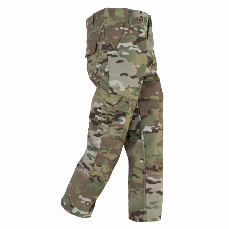 Youth camouflage uniform pants with cargo pockets and straight-leg fit