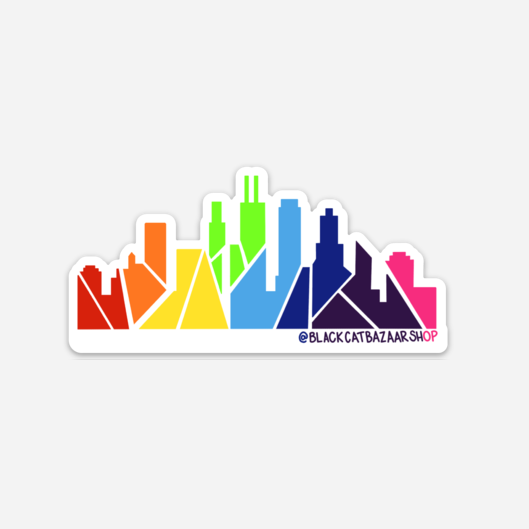 Rainbow city skyline sticker, centered buildings, @BLACKCATBAZAARSHOP logo