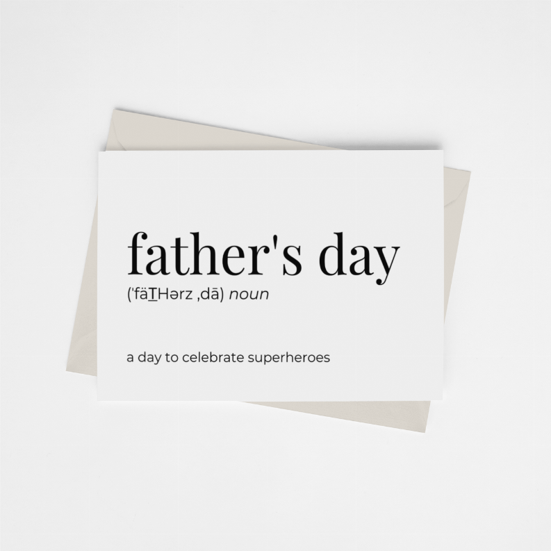 Folded Father's Day greeting card front with 'father's day' and superhero celebration text