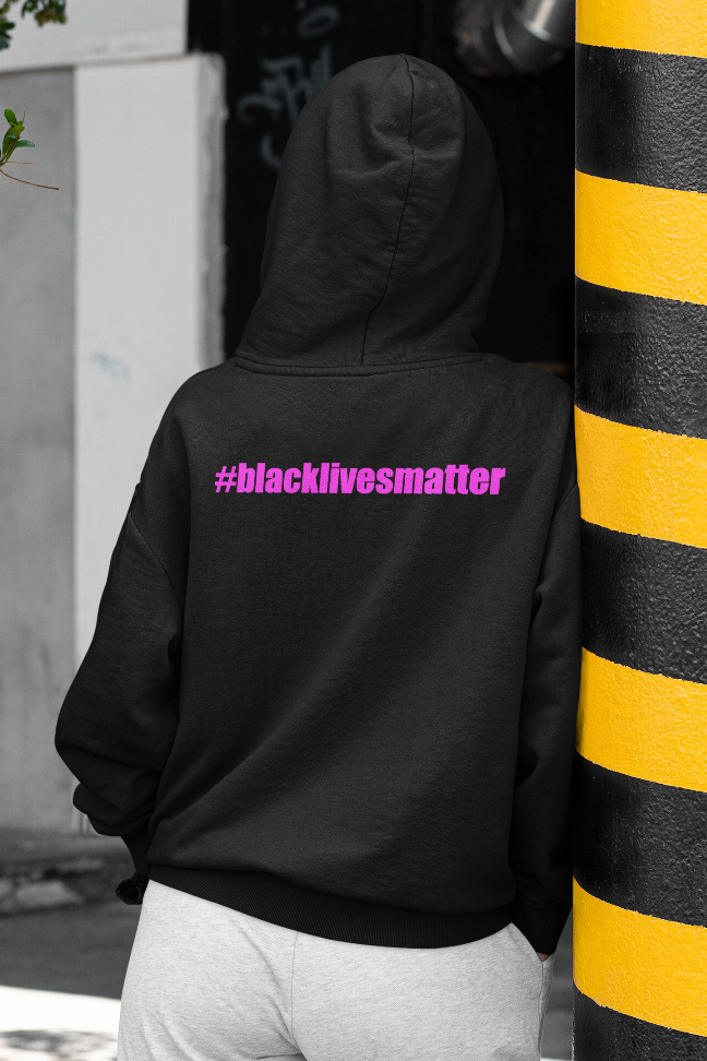 Black zip-up hoodie back with #blacklivesmatter text