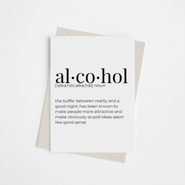 Alcohol definition greeting card, white with bold black 'al•co•hol' and definition text