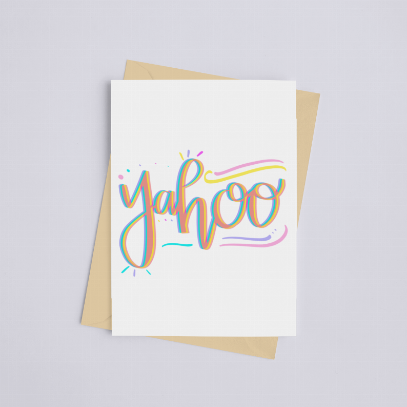 White greeting card with colorful cursive 'Yahoo!' lettering