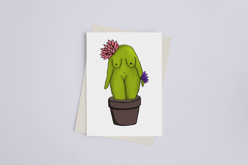Stacked greeting cards featuring a green cactus woman in a brown pot with pink flower