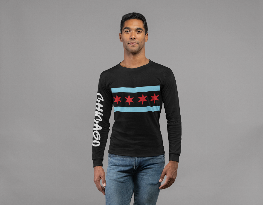 Black crewneck sweatshirt with flag graphic centered and graffiti-style lettering on left sleeve