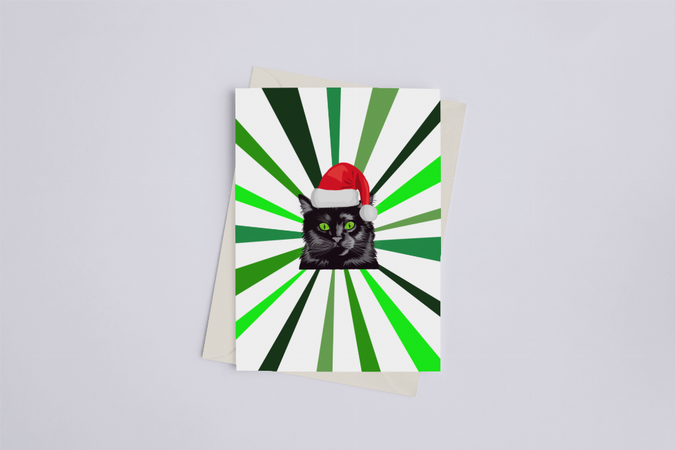 Christmas cat greeting card with black cat in red hat on green and white rays