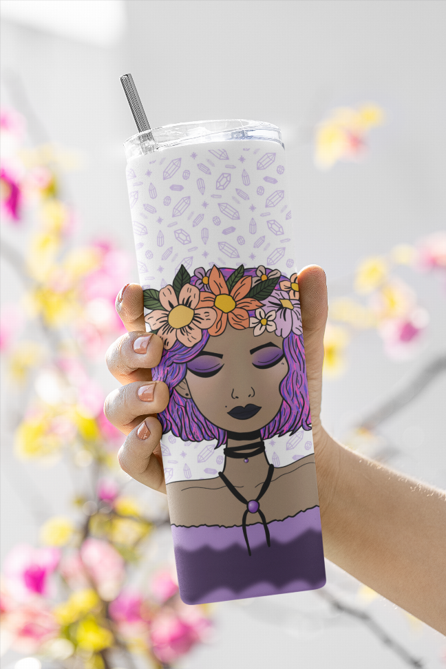 Lavender floral tumbler with illustrated purple-haired girl face, flower crown, and straw lid