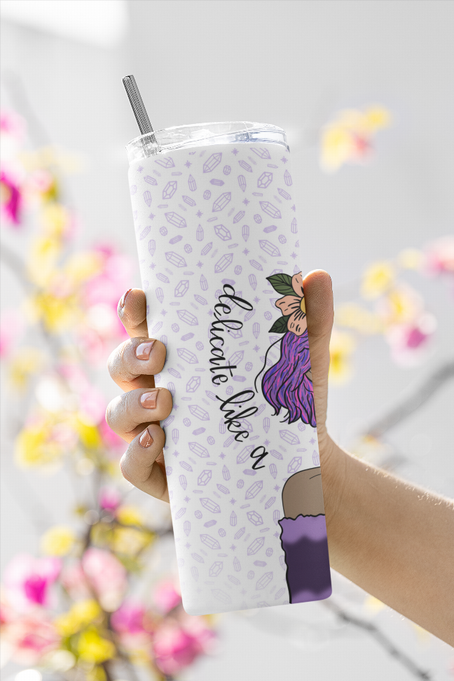 Lavender insulated tumbler with cursive “Delicate Flower” text, purple-haired girl, and straw lid