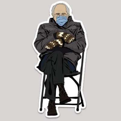 Bernie Sanders sticker: seated man in black coat with mittens and blue face mask