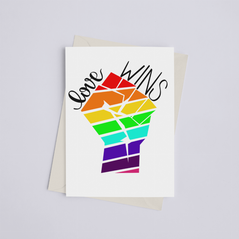 Rainbow fist 'Love Wins' greeting card front with cream envelope backing