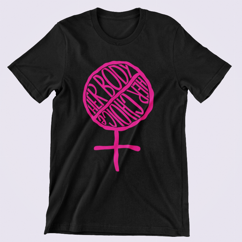 Black crewneck T-shirt front with pink lips graphic and female symbol print