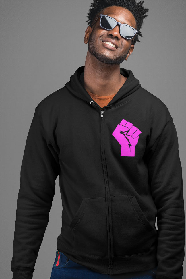 Black zip-up hoodie with hood, purple fist logo on chest