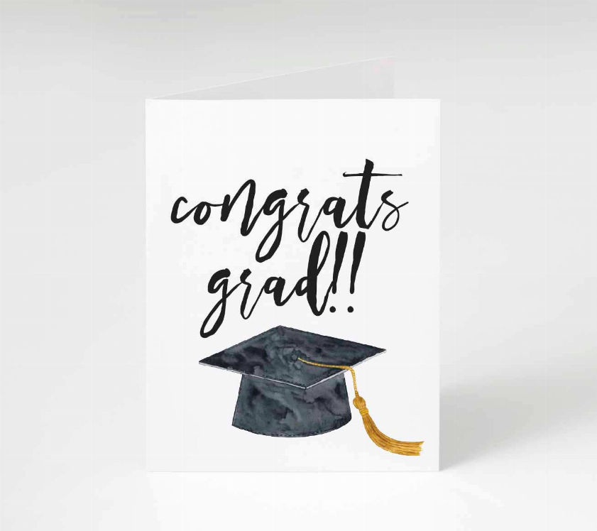 Graduation card with "Congrats grad!!" text, mortarboard cap and gold tassel