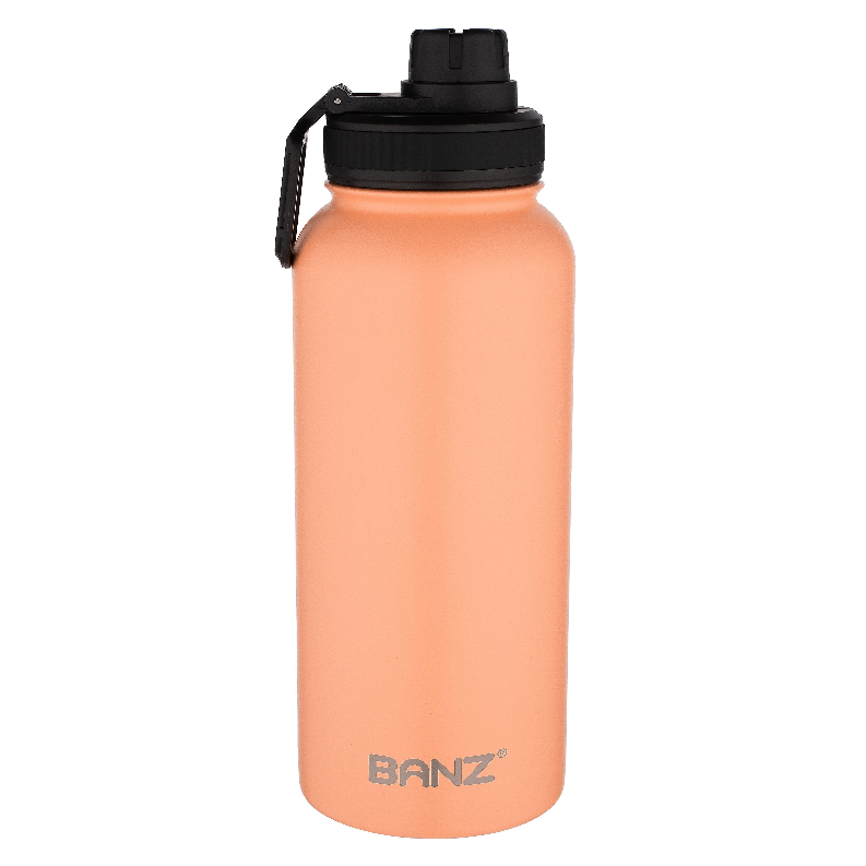 Orange reusable water bottle with black carry handle and flip-top lid, Banz logo