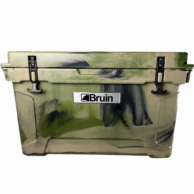 Roto-molded ice box cooler in olive green with hinged lid, metal latches, Bruin logo.