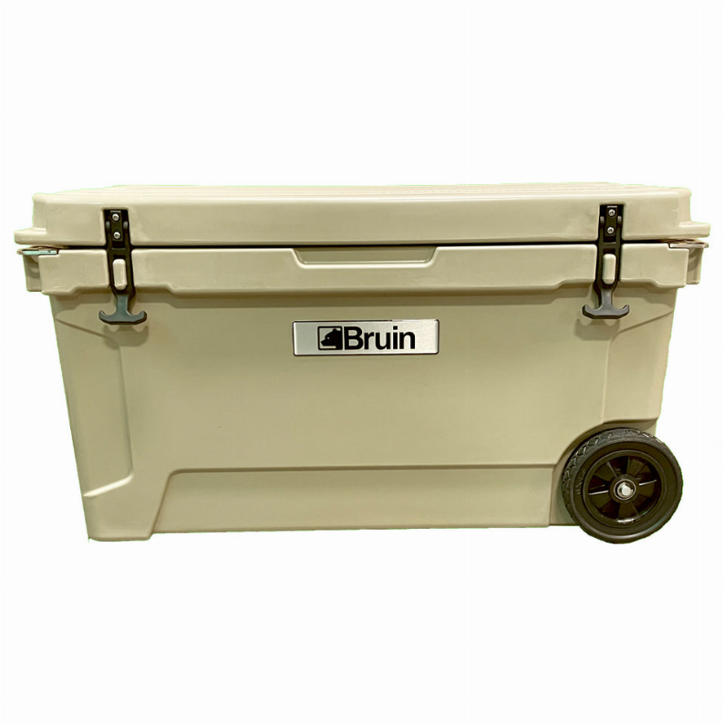 Cream roto-molded cooler with front latch and right wheel, Bruin logo