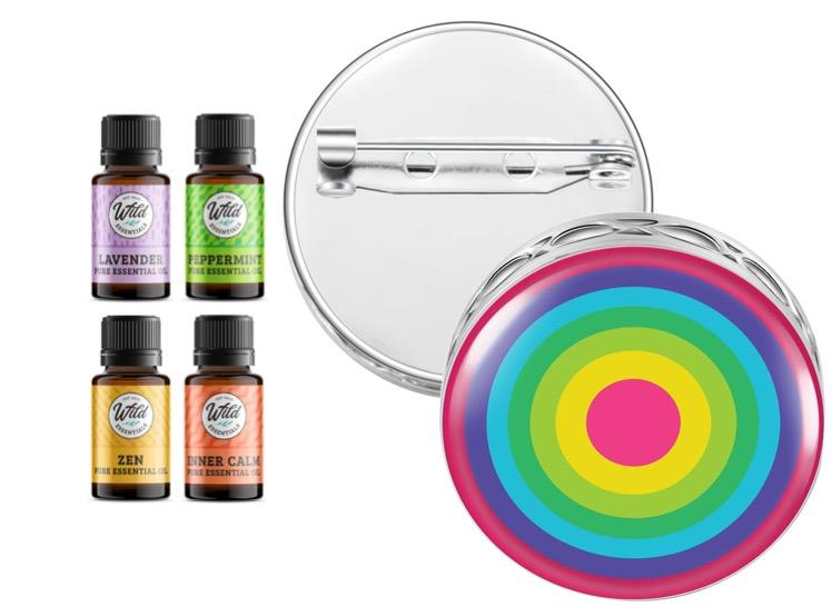 Rainbow circular pin brooch diffuser with removable back and set of essential oil bottles