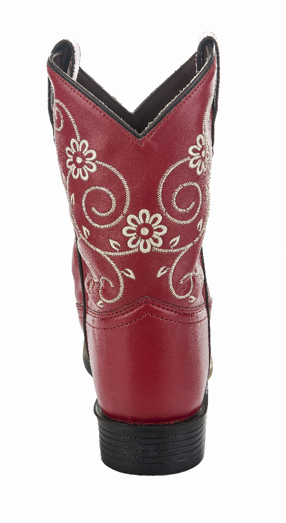 Children's red western boot with white flower and swirl stitching on shaft