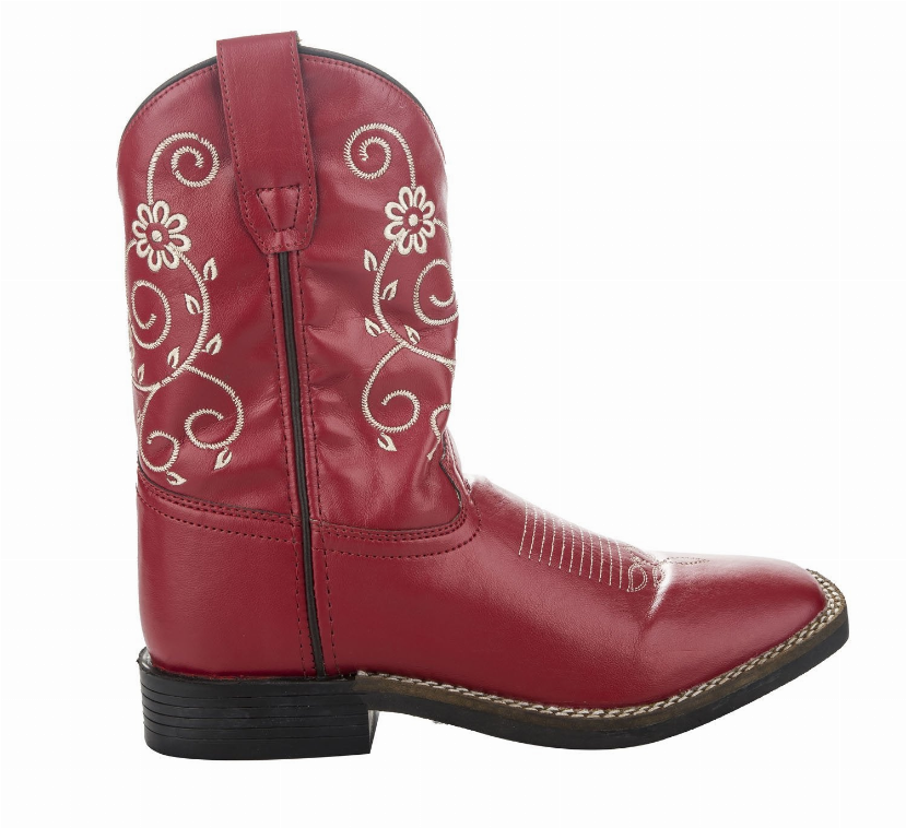 Children's red western boot with white floral embroidery, pull tab, and stacked heel