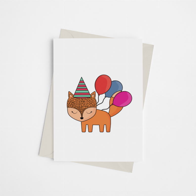 Birthday greeting card with cartoon orange fox wearing party hat and holding colorful balloons