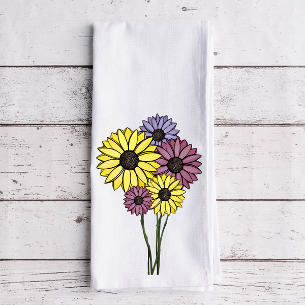 Waffle weave tea towel with bright yellow and purple sunflower bouquet print on white