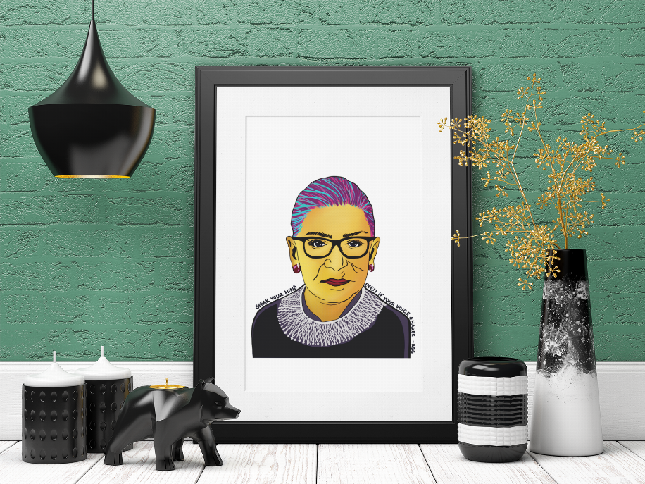 Framed pop art portrait print in black frame with purple headscarf and glasses