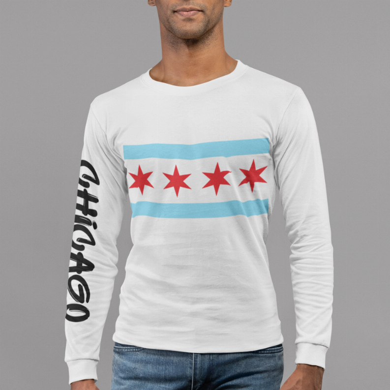 White crewneck sweatshirt with Chicago flag band across chest and red star pattern