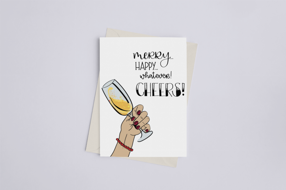 Greeting card front with illustrated hand holding champagne glass and bold 'Cheers!' message