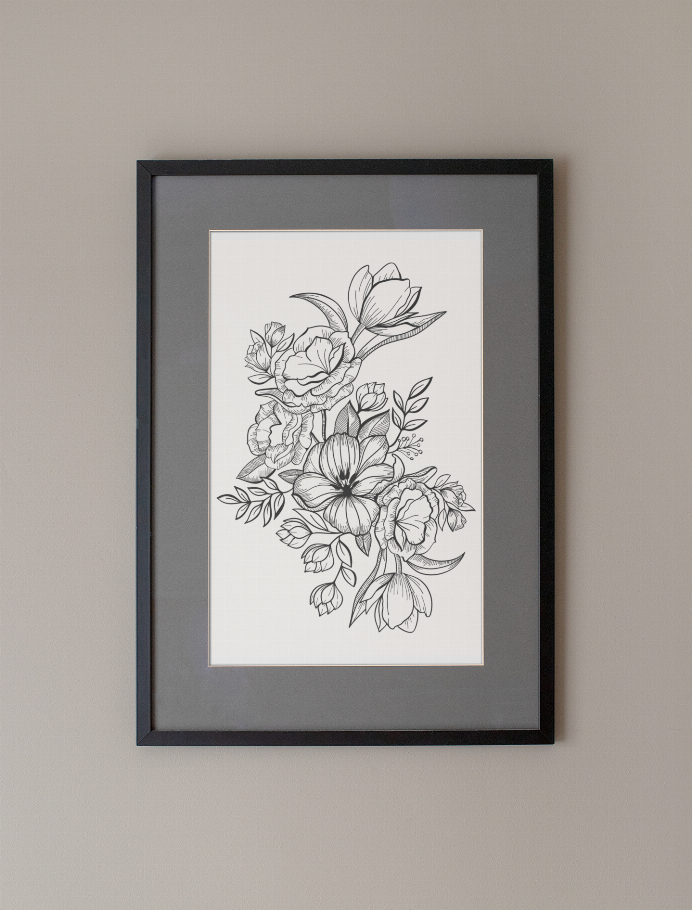 Monochrome floral line art print, centered bouquet in black frame with white border