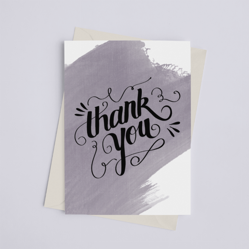 Thank you watercolor greeting card stacked on pale cards, purple-gray brush and black script