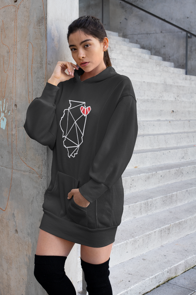 Dark hooded pullover dress with kangaroo pocket and front graphic