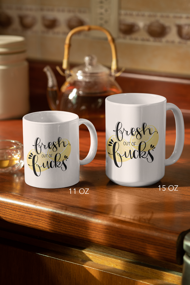 White coffee mug pair with 'Fresh out of Fucks' text, 11 oz and 15 oz