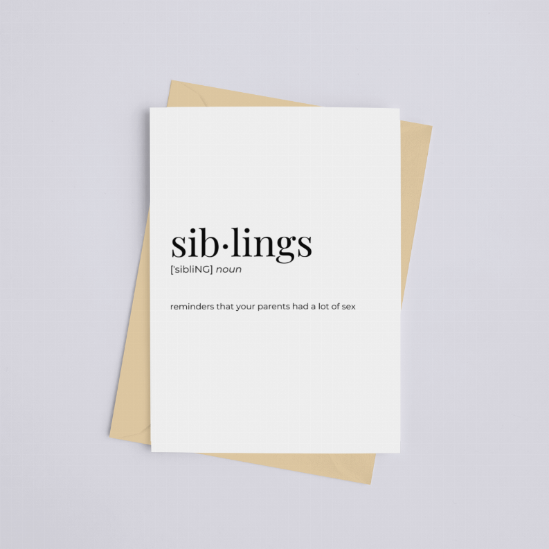 White greeting card print with sib-lings title and definition text